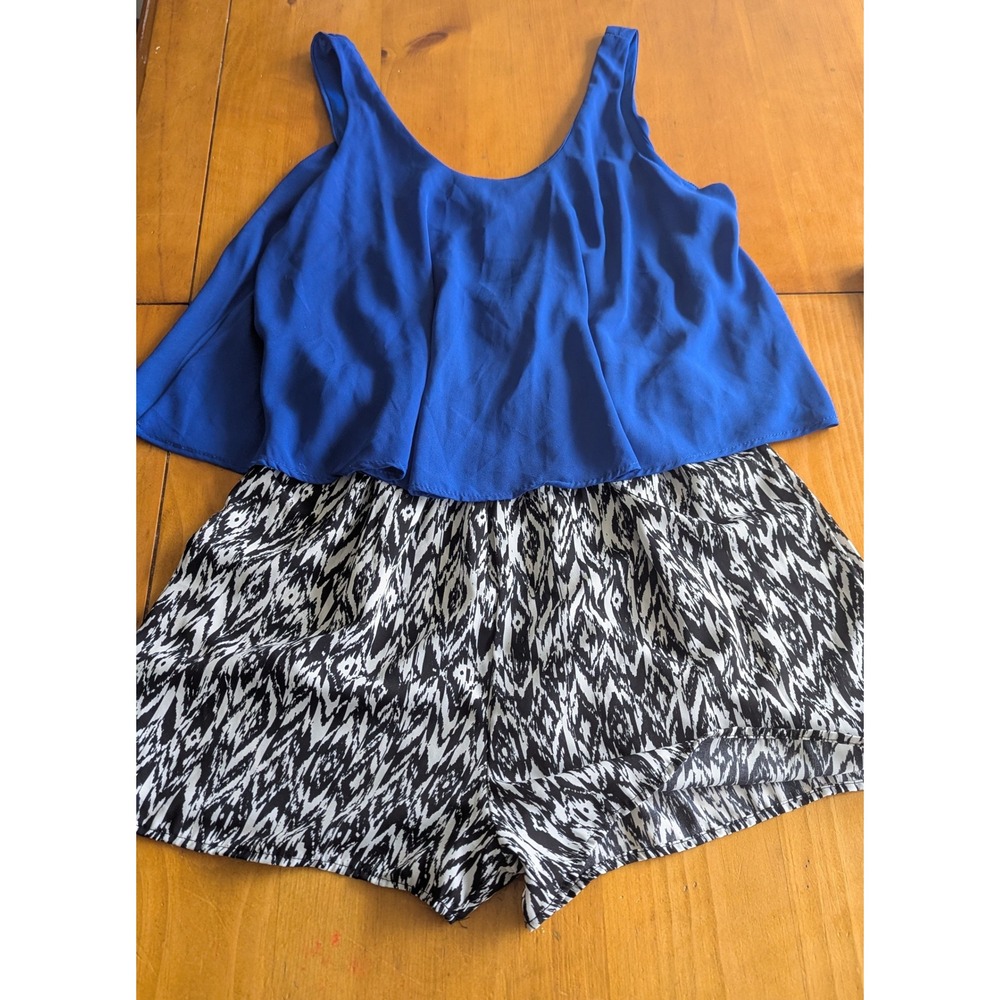 Persaya Womens Royal Blue Popover Romper Black White Tribal Print‎ Sleeveless